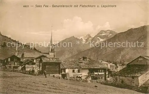 AK / Ansichtskarte Saas Fee Panorama mit Fletschhorn und Laguinhorn Saas Fee