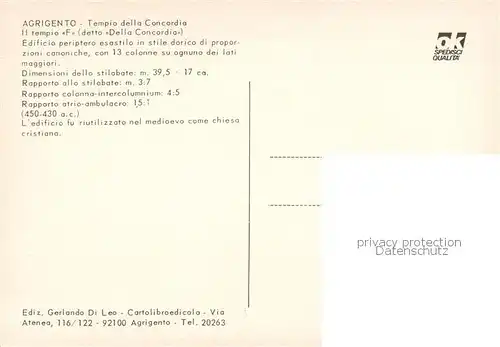 AK / Ansichtskarte Agrigento_Sicilia Tempio della Concordia Il tempio F Edificio periptero esastilo in stile dorico di proporzioni canoniche 