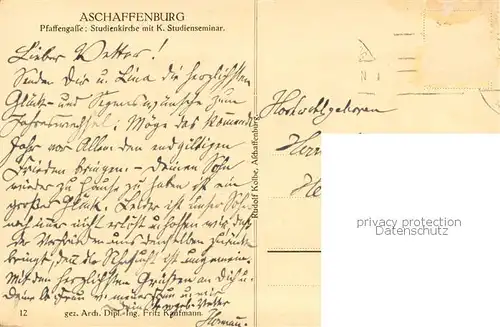 AK / Ansichtskarte Aschaffenburg_Main Pfaffengasse Studienkirche mit K. Studienseminar Kuenstlerkarte Aschaffenburg Main