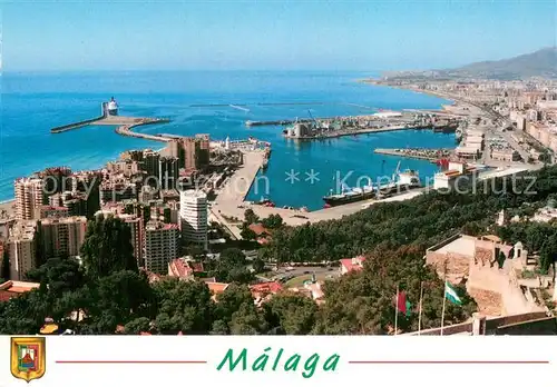 AK / Ansichtskarte Malaga_Andalucia Blick v. Oben a. Kueste u. Stadt Hafen Malaga_Andalucia