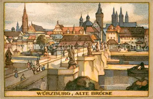 AK / Ansichtskarte Wuerzburg Alte Bruecke Original Steinzeichnung von Wilhelm Greiner Wuerzburg