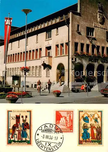 AK / Ansichtskarte Vaduz_Liechtenstein_FL Gemeinde Rathaus Postamt Vaduz Briefmarkenmotive Rathaus Minnesaenger 