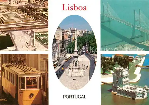 AK / Ansichtskarte Lisboa Fliegeraufnahme Teilansichten m. Obelistk u. Strassenbahn Lisboa