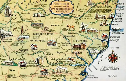 AK / Ansichtskarte Suffolk_UK Karte Suffolk with Parts of Cambridgeshire and Essex 