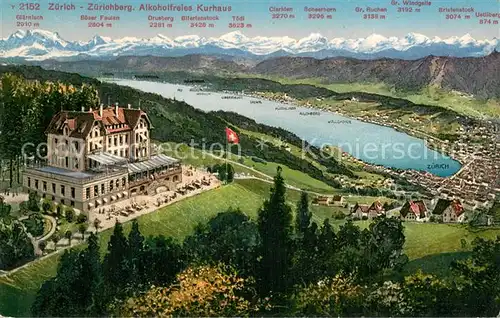 AK / Ansichtskarte Zuerichberg_ZH Alkoholfreies Kurhaus Zuerichsee Alpenpanorama aus der Vogelperspektive Kuenstlerkarte Zuerichberg ZH
