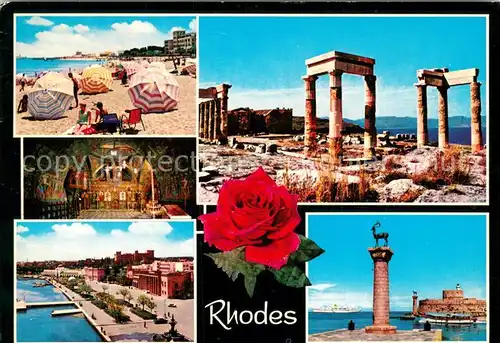 AK / Ansichtskarte Rhodes_Rhodos_Greece Strand Ruinen Antike Staette Hafeneinfahrt Statue Elafos und Elafina Uferstrasse Rose Rhodes_Rhodos_Greece