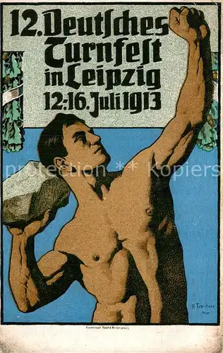 AK / Ansichtskarte Leipzig 12. Deutsches Turnfest Kuenstlerkarte Offizielle Festpostkarte Nr. 4 Der Steinstoesser Leipzig