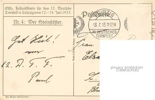 AK / Ansichtskarte Leipzig 12. Deutsches Turnfest Kuenstlerkarte Offizielle Festpostkarte Nr. 4 Der Steinstoesser Leipzig