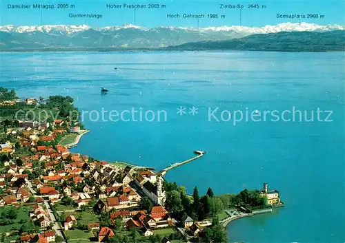 AK / Ansichtskarte Langenargen_Bodensee Fliegeraufnahme mit oesterreichischen und Schweizer Alpen Langenargen Bodensee
