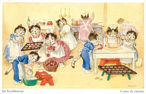 AK / Ansichtskarte Vermenschlicht Katzen  Im Kochkurs 