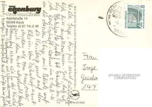 AK / Ansichtskarte Kaub_Rhein Haus Elsenburg Panorama Terrasse Rheinpartie Kaub_Rhein