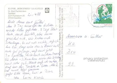 AK / Ansichtskarte Saalfeld_Saale Klinik Bergfried Saalfeld Fliegeraufnahme Saalfeld_Saale