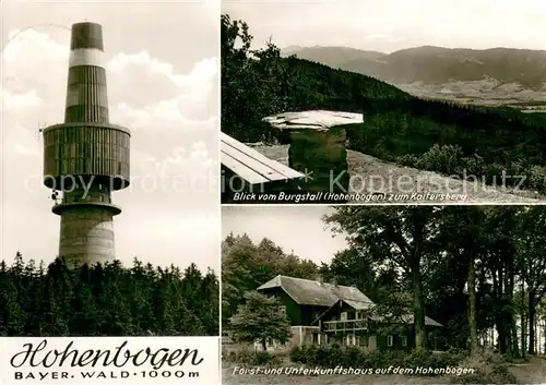 AK / Ansichtskarte Cham__Oberpfalz Fernmeldeturm Hohenbogen Blick vom Burgstall zum Kaitersberg Forst und Unterkunftshaus 