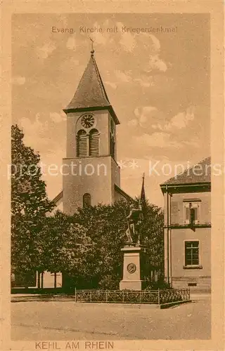 AK / Ansichtskarte Kehl_Rhein Evangelische Kirche mit Kriegerdenkmal Kehl_Rhein