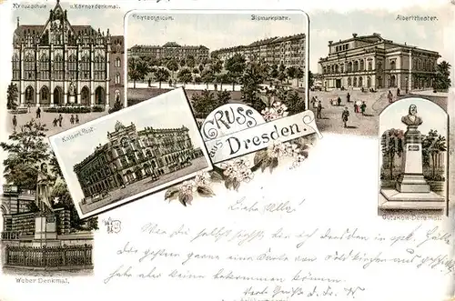 AK / Ansichtskarte Dresden_Elbe Kreuzschule Koernerdenkmal Kaiserliche Post Polytechnikum Bismarckplatz Alberttheater Denkmal Litho 