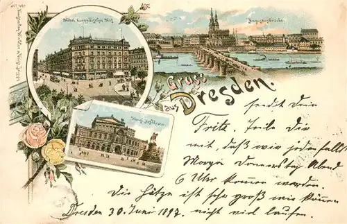 AK / Ansichtskarte Dresden_Elbe Hotel Europaeischer Hof Koenigliches Hoftheater Augustusbruecke Litho Deutsche Reichspost 