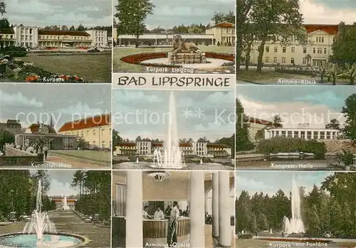 AK / Ansichtskarte Bad_Lippspringe Kurpark Eingang Asthma Klinik Kurmittel Haus Fontaene Kongress Halle Arminius Quelle  Bad_Lippspringe
