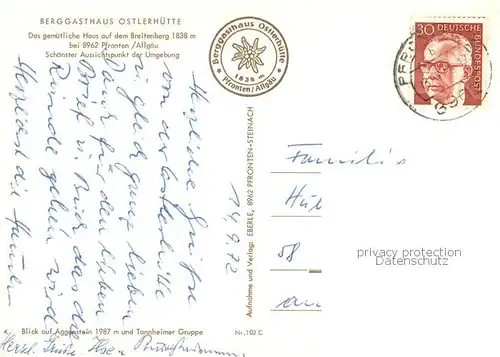 AK / Ansichtskarte Pfronten Berggasthaus Osterhuette mit Aggenstein und Tannheimer Gruppe Pfronten