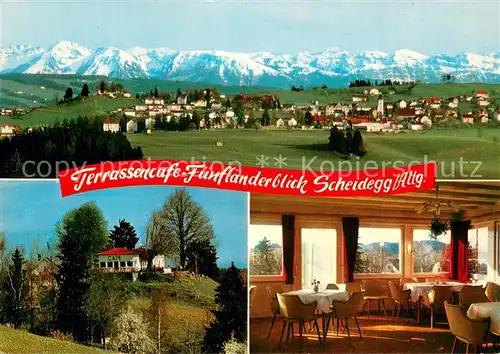 AK / Ansichtskarte Scheidegg_Allgaeu Fliegeraufnahme Terrassencafe Fuenflaenderblick Scheidegg Allgaeu