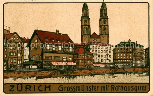AK / Ansichtskarte Zuerich_ZH Grossmuenster mit Rathausquai Linolschnitt Zuerich_ZH