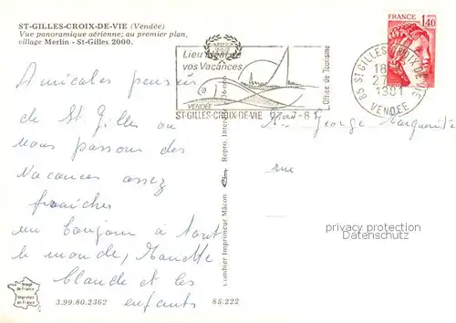 AK / Ansichtskarte Saint Gilles Croix de Vie_Vendee Village Merlin vue aerienne Saint Gilles Croix de Vie