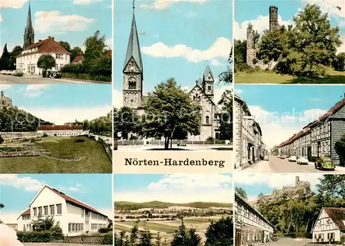 AK / Ansichtskarte Noerten Hardenberg Kirche Strassenpartie Fachwerkhaeuser Ruine Noerten Hardenberg