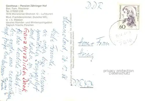 AK / Ansichtskarte Muenstertal__Schwarzwald Gasthaus Pension Zaehringer Hof Aussenansicht Schnee Winter 