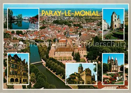 AK / Ansichtskarte Paray le Monial_71 Fliegeraufnahme La Bourbince   La Tour Saint Nicolas   Hotel de Ville   La Basilique 