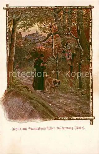 AK / Ansichtskarte Volkersberg_Bad_Brueckenau Idylle am Franziskanerkloster Moench mit Bernhardiner Hund Kuenstlerkarte 
