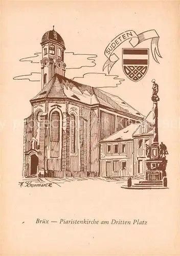 AK / Ansichtskarte Bruex_Most_Sudetengau_CZ Piaristenkirche am Dritten Platz Zeichnung 