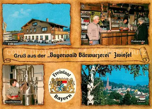 AK / Ansichtskarte Zwiesel__Niederbayern Bayerwald Baerwurzerei Destillierblase Probierstube Ortsansicht 