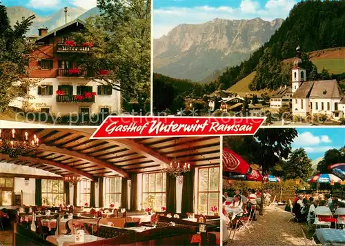 AK / Ansichtskarte Ramsau_Berchtesgaden Gasthof Unterwirt Panorama Kirche Gasstraum Terrasse Ramsau Berchtesgaden
