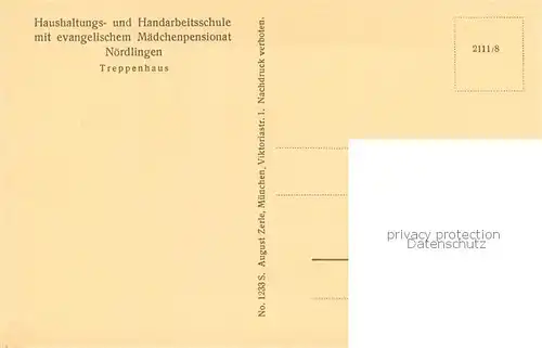 AK / Ansichtskarte Noerdlingen Haushaltungs und Handarbeitsschule mit ev Maedchenpensionat Treppenhaus Noerdlingen