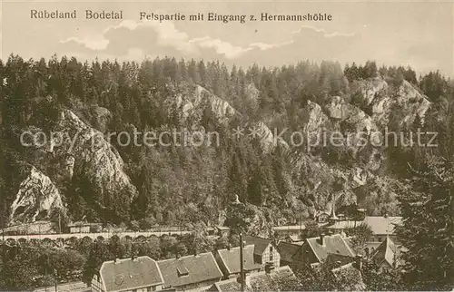 AK / Ansichtskarte Ruebeland_Harz Felspartie mit Eingang zur Hermannshoehle Ruebeland_Harz