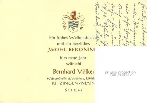 AK / Ansichtskarte Kitzingen_Main Voelker Weinkellerei Weinbau Likoerfabrik Weihnachtsfest Neujahrskarte Kitzingen Main
