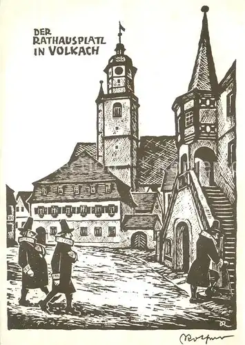 AK / Ansichtskarte Volkach Rathausplatz Richard Rother Holzschnitt Kuenstlerkarte Volkach