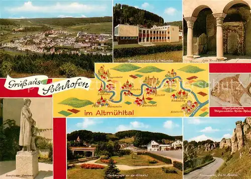 AK / Ansichtskarte Solnhofen Panorama Altmuehltal Gemeindehaus Museum Basilika Kugelzahnfisch Museum Felsen Die 12 Apostel Park Denkmal Solnhofen