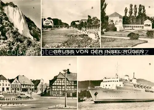 AK / Ansichtskarte Ruegen Koenigsstuhl Kreidefelsen Baabe Strandpromenade Goehren Musikpavillon Bergen Karl Marx Platz Faehrschiff MS Sassnitz Ruegen