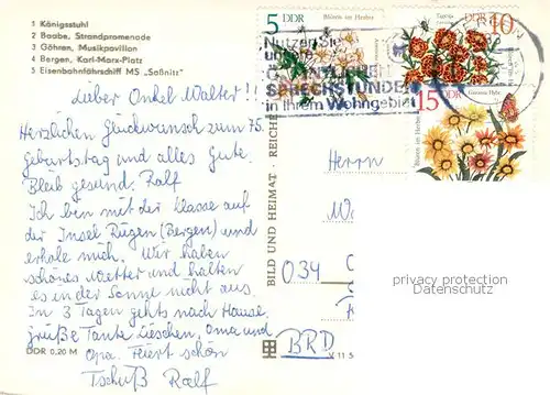 AK / Ansichtskarte Ruegen Koenigsstuhl Kreidefelsen Baabe Strandpromenade Goehren Musikpavillon Bergen Karl Marx Platz Faehrschiff MS Sassnitz Ruegen