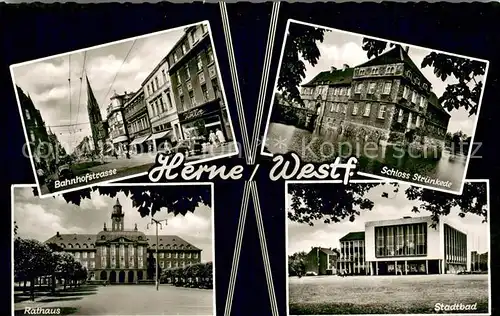 AK / Ansichtskarte Herne_Westfalen Bahnhofstrasse Schloss Struenkede Rathaus Stadtbad Herne_Westfalen