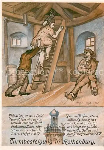 AK / Ansichtskarte Rothenburg__Tauber Turmbesteigung in Rothenburg Karikatur 