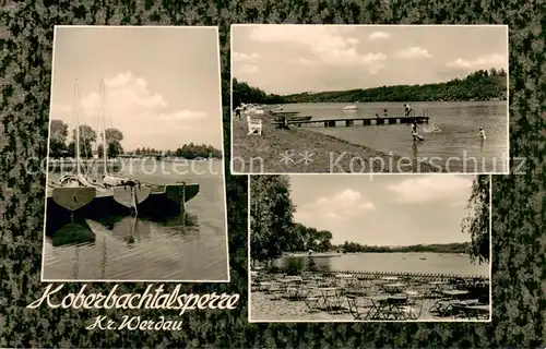 AK / Ansichtskarte Crimmitschau Koberbachtalsperre Bootsanleger Badesteg Gaststaette Terrasse Crimmitschau