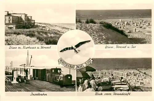 AK / Ansichtskarte Insel_Juist Duene mit Kurhaus Strand See Inselbahn Strandcafe Insel_Juist