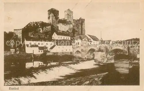 AK / Ansichtskarte Runkel_Lahn Wehr Bruecke Ansicht mit Burgruine Runkel_Lahn