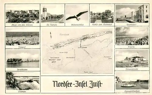 AK / Ansichtskarte Juist_Nordseebad Duenen Strand Inselbahn Ev Kirche Bahnhof Kurhaus Sturm Strandhalle Bahnhofplatz Juist_Nordseebad