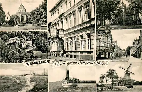 AK / Ansichtskarte Norden_Norddeich_Nordseebad Ludgerikirche Schloss Lutetsburg Sturmflut Hotel Deutsches Haus MS Friesia III Altes Rathaus Osterstrasse Norddeicher Muehle 