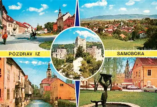 AK / Ansichtskarte Samobor_Croatia Stadtpanorama Burgruine Motive Innenstadt Brunnen 