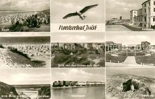 AK / Ansichtskarte Juist_Nordseebad Duenenblick Kurhaus Strand und See Dorfblick Wattenmeer Strand Duenenblick Inselbahn Seehund Juist_Nordseebad