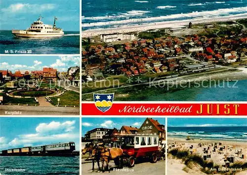 AK / Ansichtskarte Juist_Nordseebad MS Frisia VI Kurplatz Fliegeraufnahme Inselbahn Pferdebus Strand Juist_Nordseebad