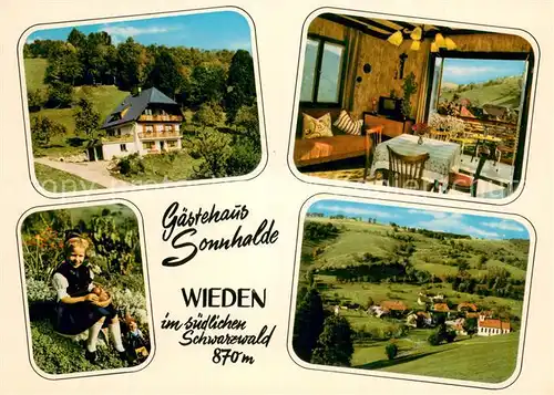 AK / Ansichtskarte Wieden_Schwarzwald Gaestehaus Sonnenhalde Gaststube Panorama Trachtenkind Wieden Schwarzwald